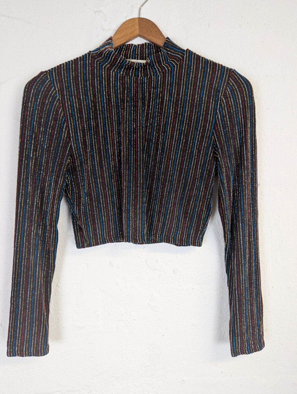 Cherry Mellow Cropped Turtleneck Black Shiny Stripes Red Blue Metallic Medium
